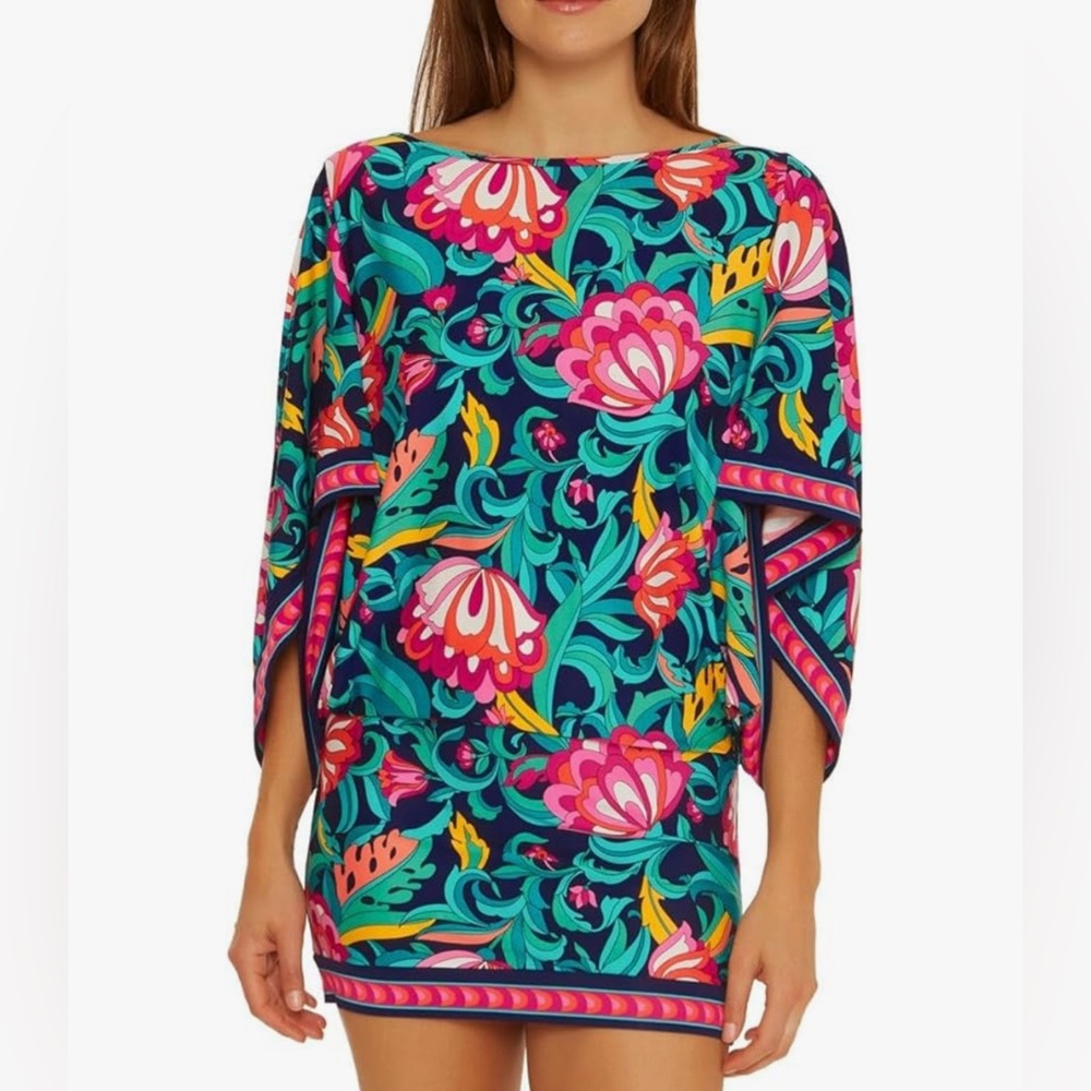 Trina Turk Tunic Size Large India Garden Drape-Sleeve Floral Print Multicolor